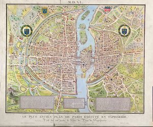 خريطة باريس c.1540 ، والمعروفة باسم Plan de la Tapisserie ، والتي صنعت كنسيج c.1571 ، 1818 (نقش الألوان)